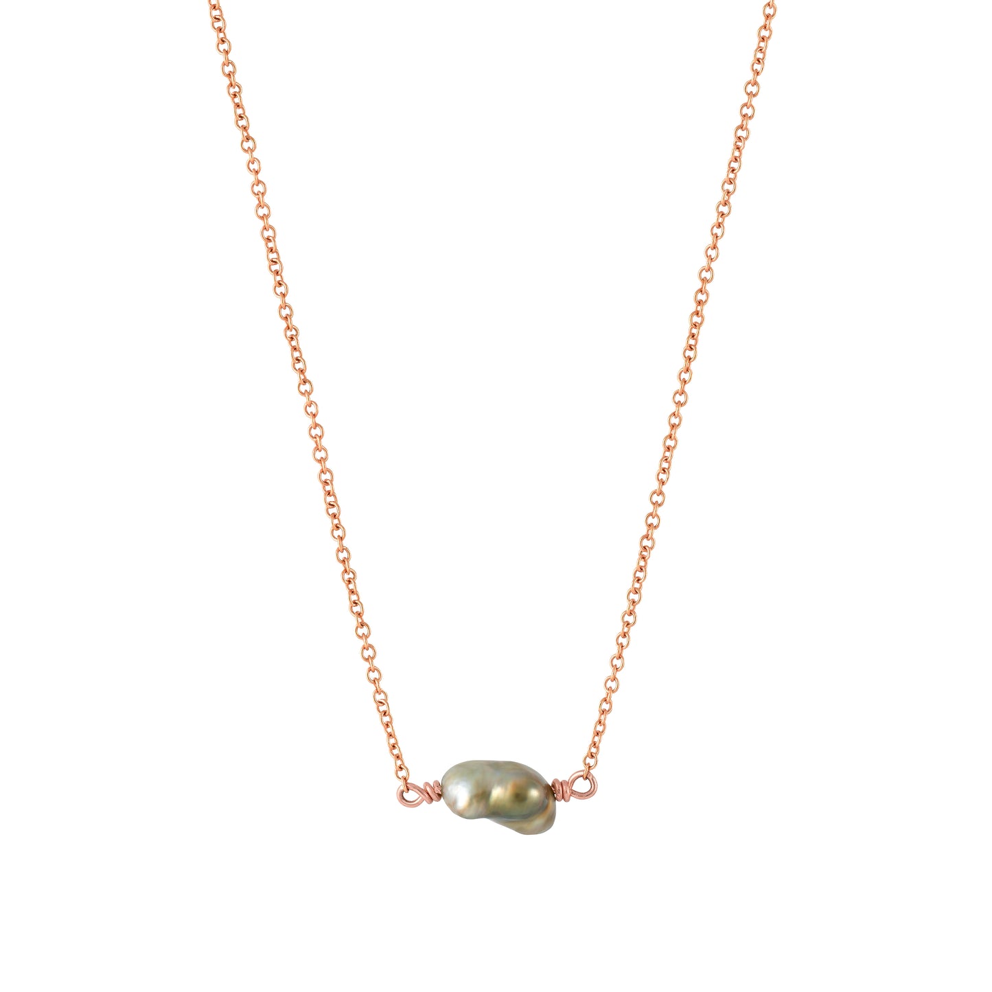 Natural keshi pearl pendant necklace on a solid 18k rose gold chain by Roseate Jewelry.