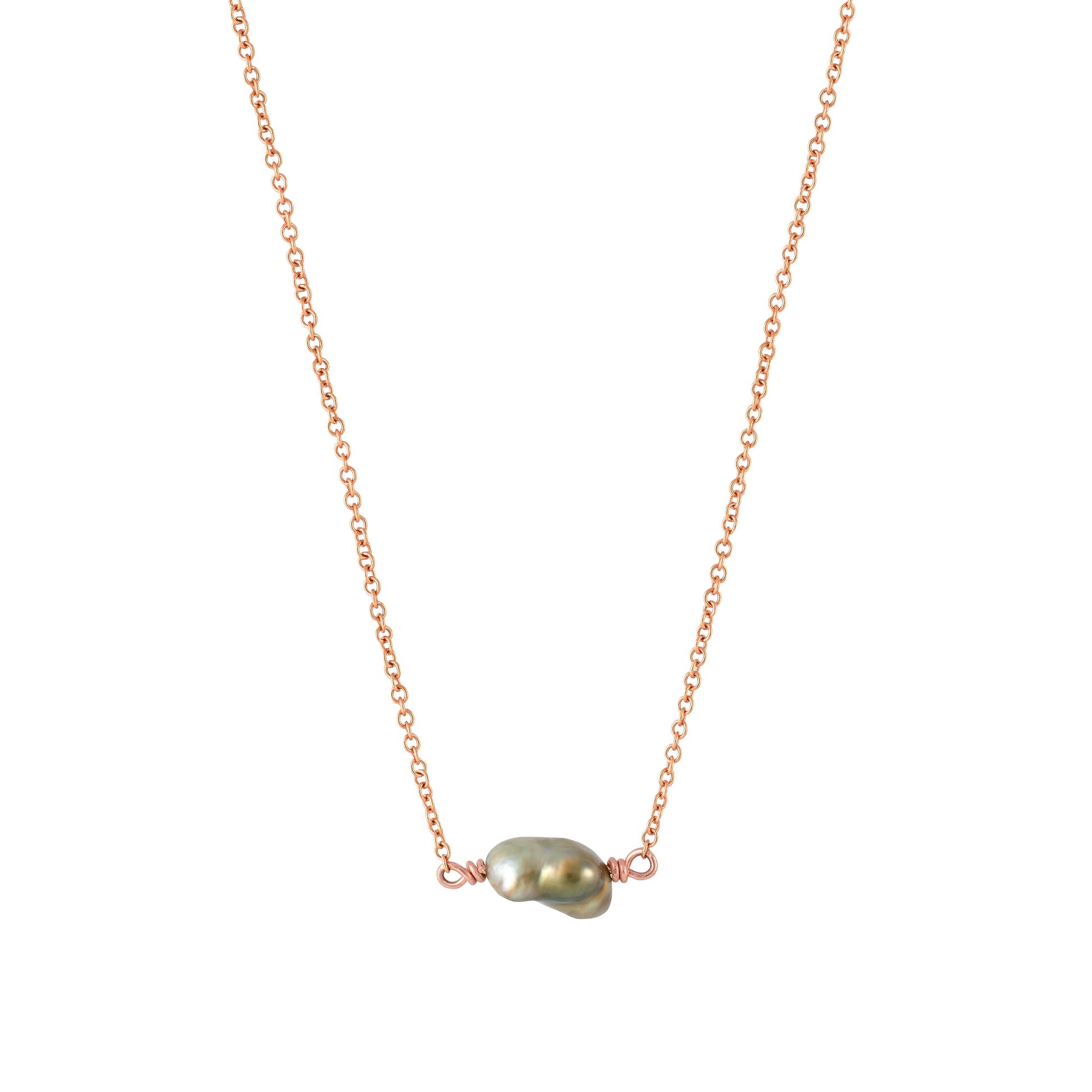 Natural keshi pearl pendant necklace on a solid 18k rose gold chain by Roseate Jewelry.