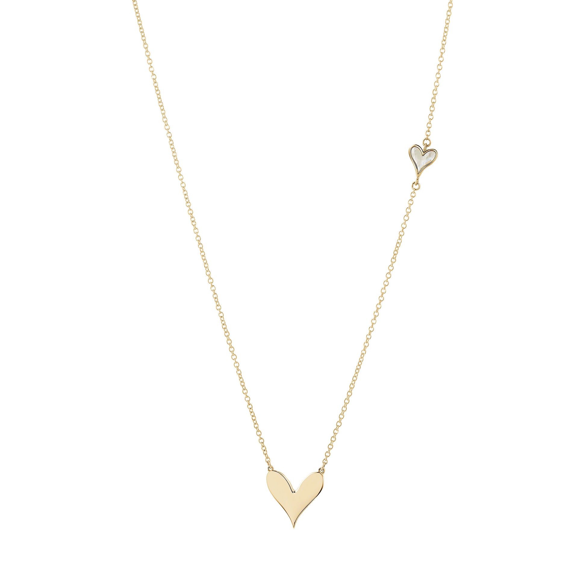 Roseate LoveLock double heart pendant in 14k yellow gold with mother-of-pearl