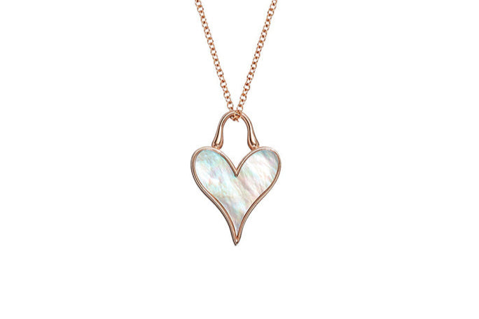 Close detail of Roseate LoveLock 12mm pendant in 18k rose gold with mother-of-pearl