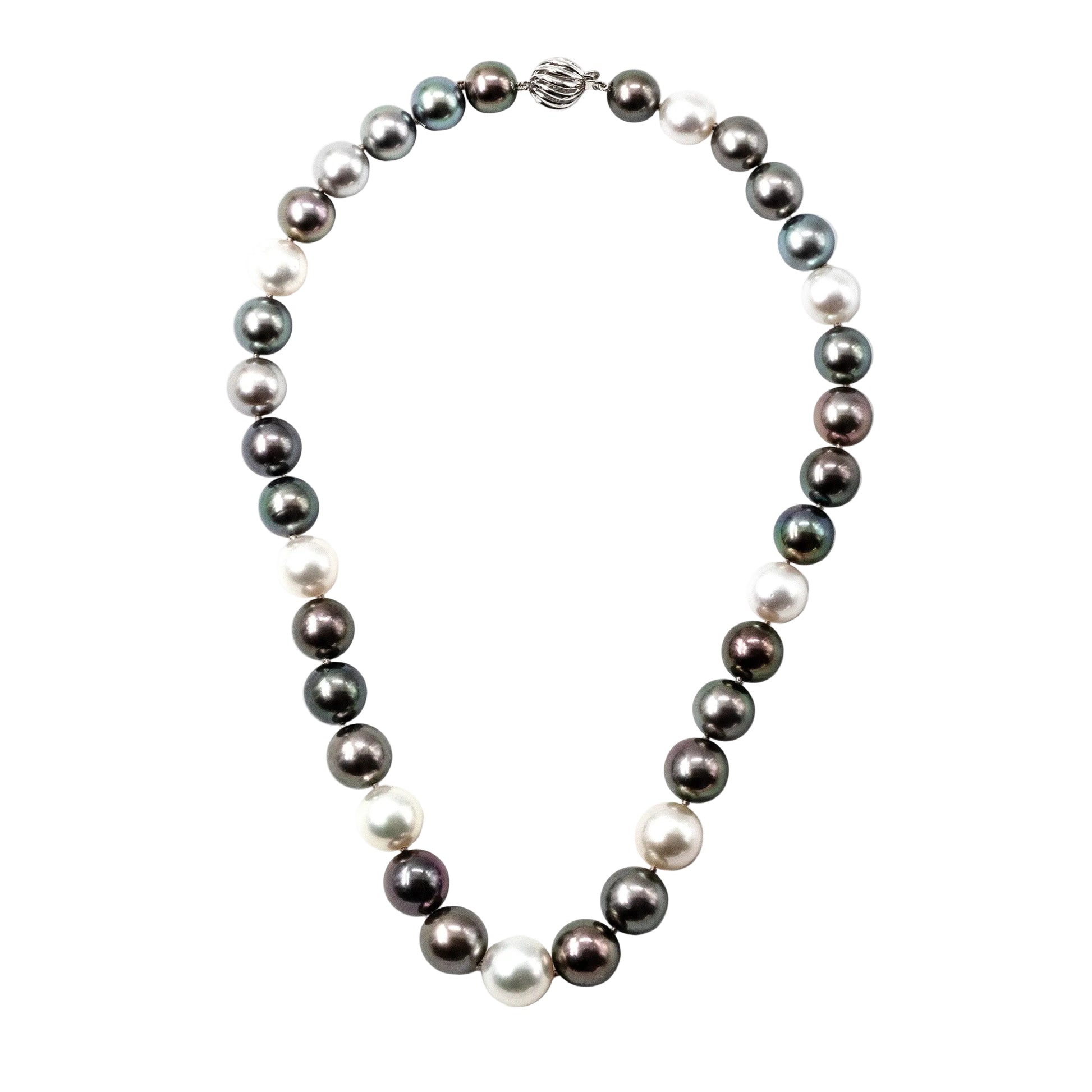 Multicolor necklace featuring genuine Tahitian and White South Sea cultured pearls with peacock, silver, charcoal, and white overtones, finished with an 18k white gold clasp