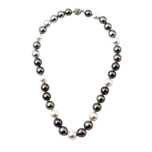 Multicolor necklace featuring genuine Tahitian and White South Sea cultured pearls with peacock, silver, charcoal, and white overtones, finished with an 18k white gold clasp