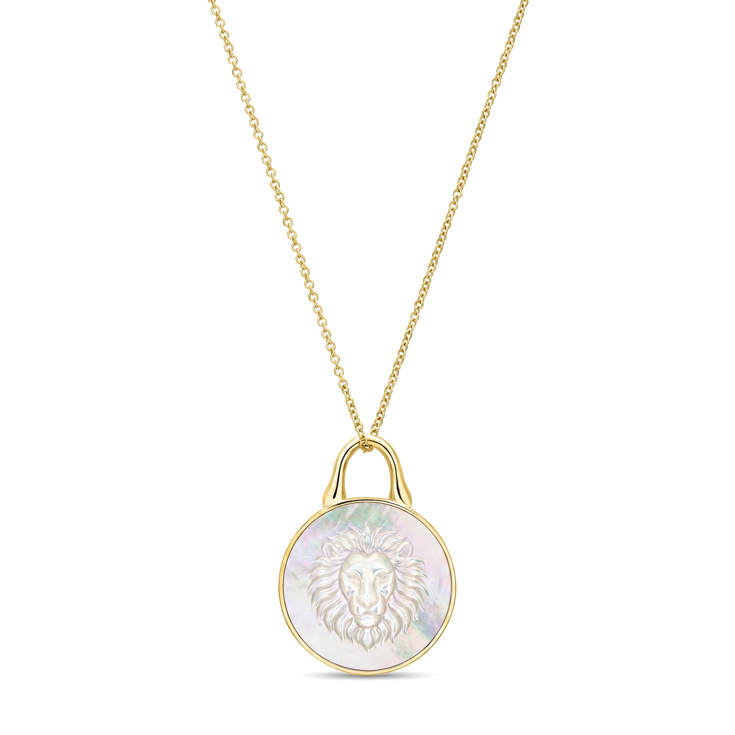 The Odyssey | Roseate Courage lion pendant in 14k yellow gold with mother-of-pearl, 12mm