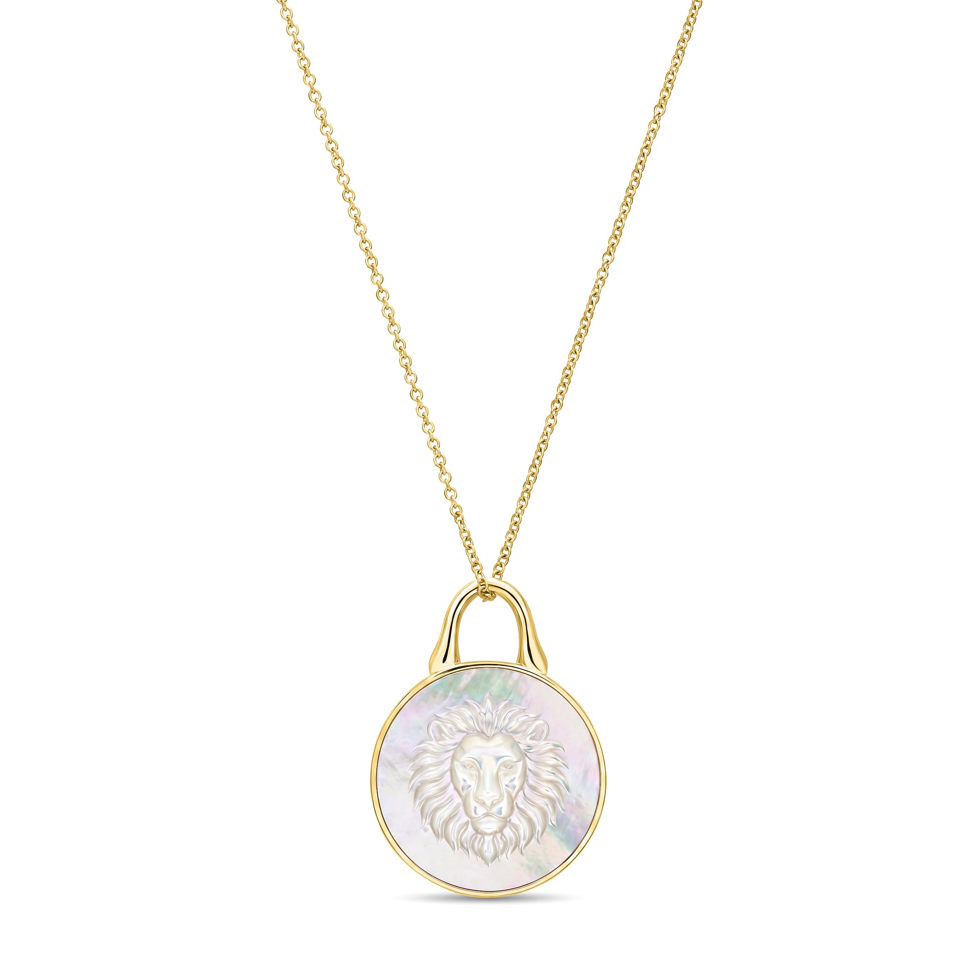 The Odyssey | Roseate Courage lion pendant in 14k yellow gold with mother-of-pearl, 12mm