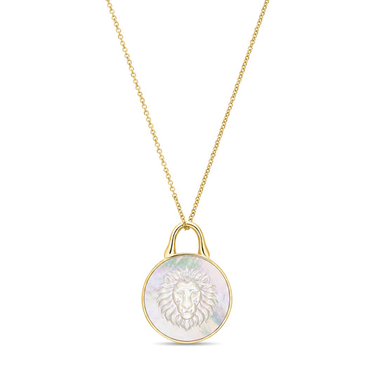 The Odyssey | Roseate Courage lion pendant in 14k yellow gold with mother-of-pearl, 12mm