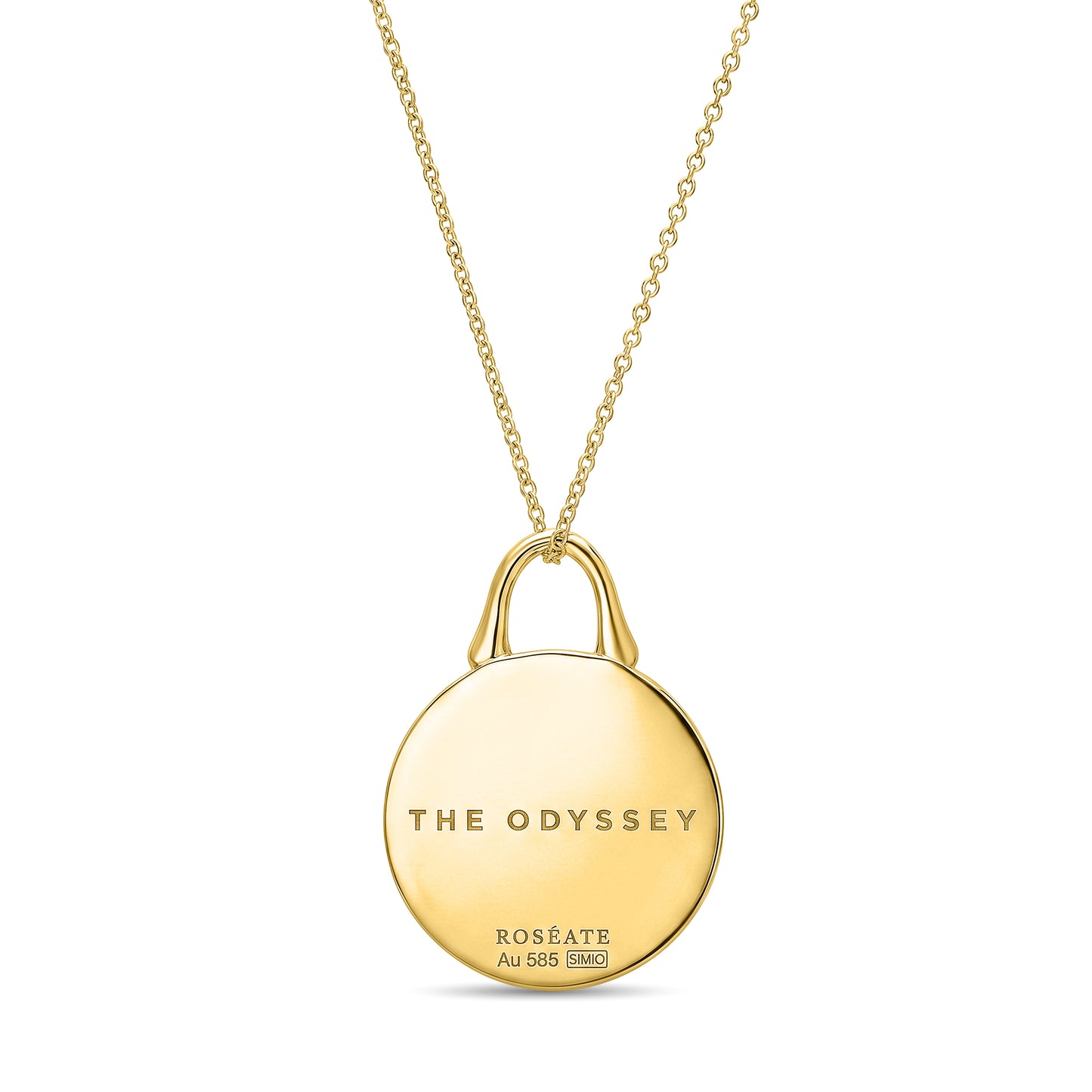The Odyssey | Roseate Courage lion pendant in 14k yellow gold with mother-of-pearl, 19mm, back view showing engraving