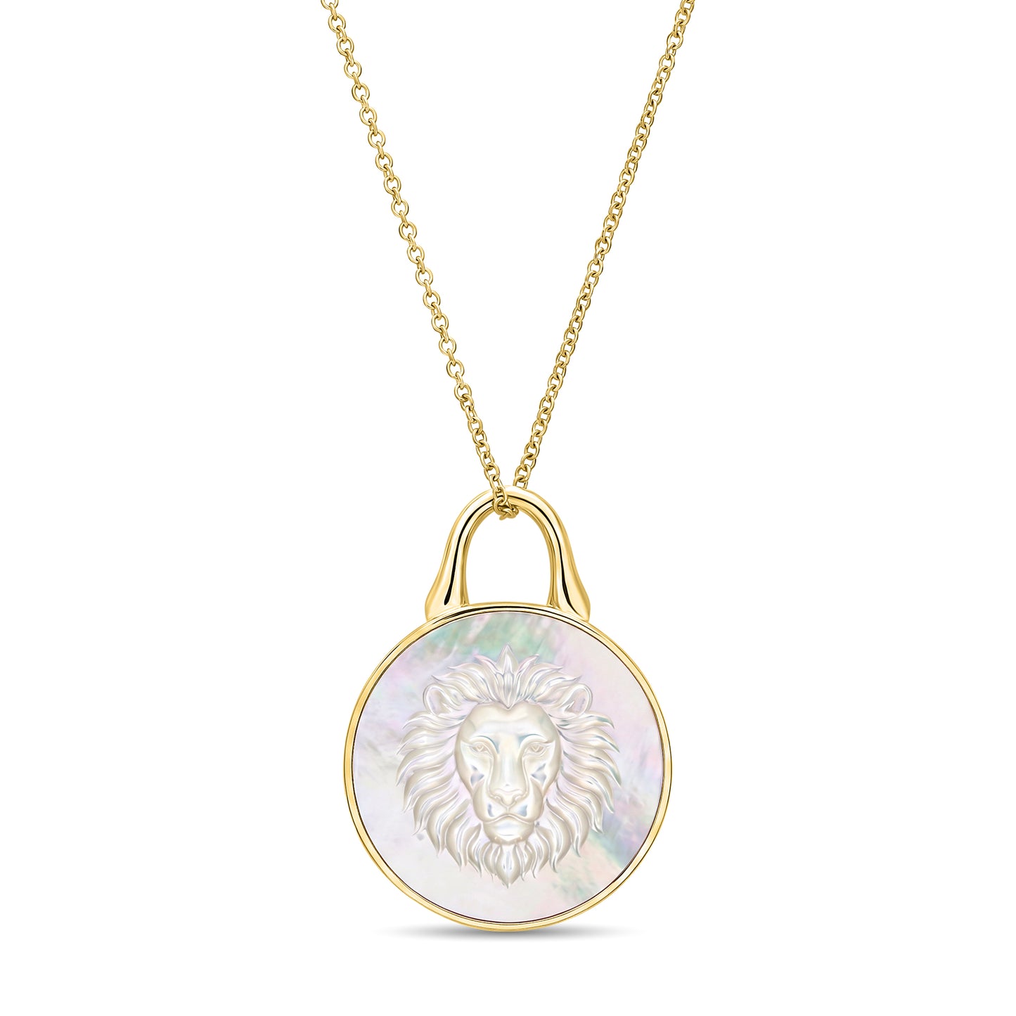 The Odyssey | Roseate Courage lion pendant in 14k yellow gold with mother-of-pearl, 19mm