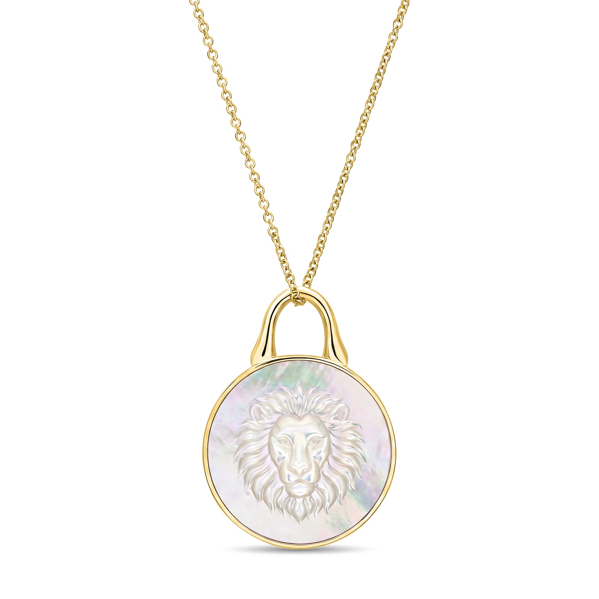 The Odyssey | Roseate Courage lion pendant in 14k yellow gold with mother-of-pearl, 19mm