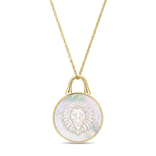 The Odyssey | Roseate Courage lion pendant in 14k yellow gold with mother-of-pearl, 19mm