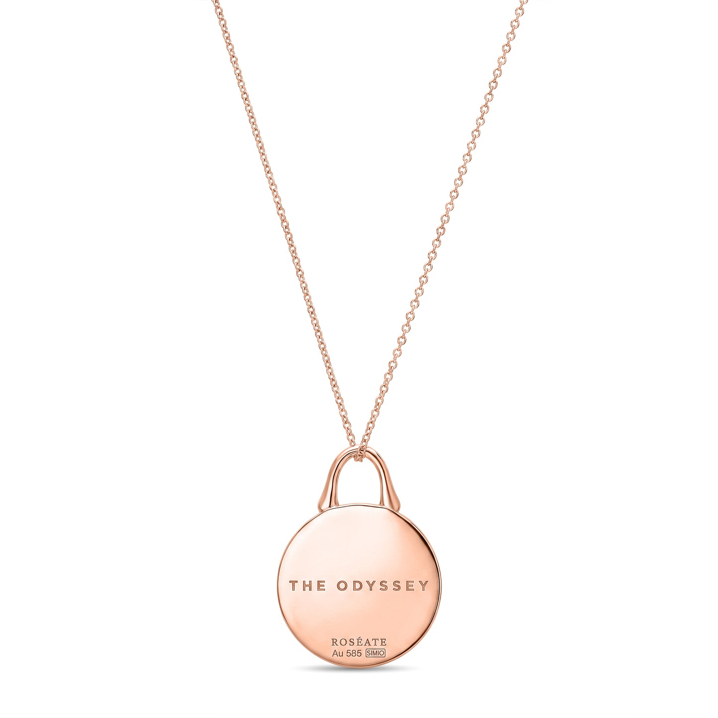 The Odyssey | Roseate Courage lion pendant in 14k rose gold with mother-of-pearl, 12mm, back view showing engraving