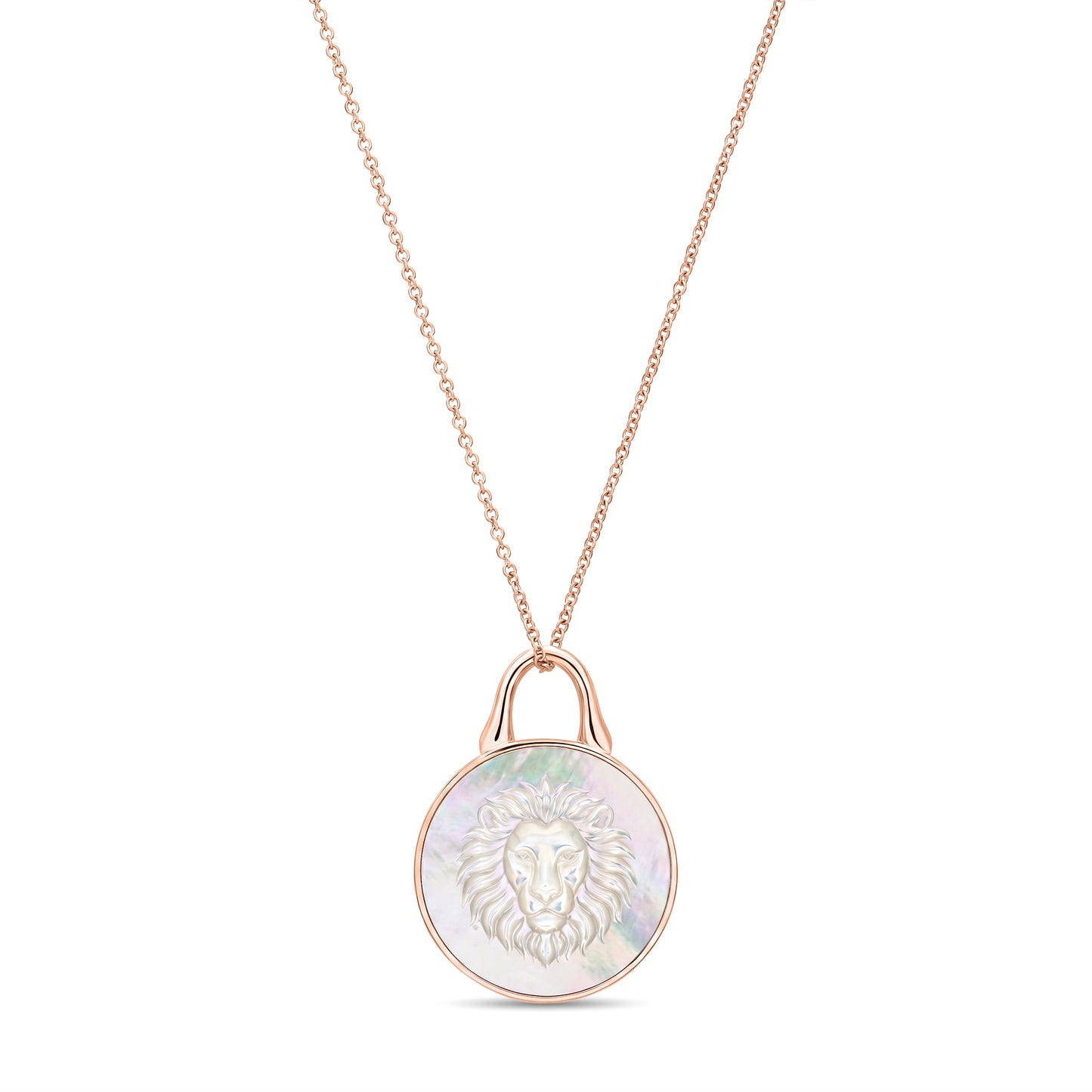 The Odyssey | Roseate Courage lion pendant in 14k rose gold with mother-of-pearl, 12mm