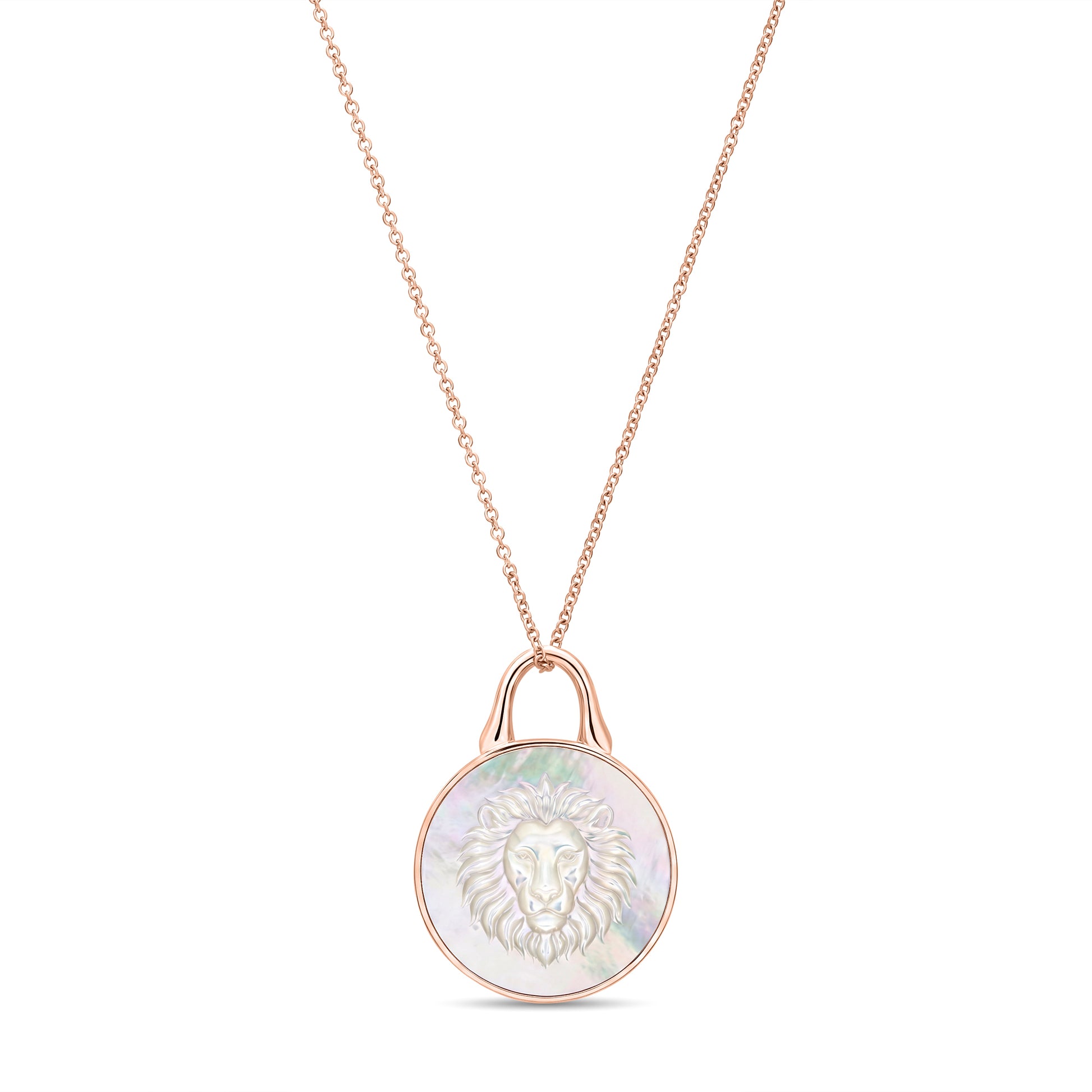 The Odyssey | Roseate Courage lion pendant in 14k rose gold with mother-of-pearl, 12mm