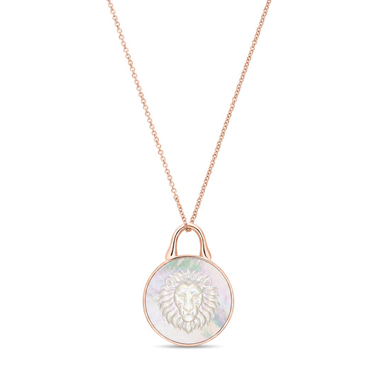 The Odyssey | Roseate Courage lion pendant in 14k rose gold with mother-of-pearl, 12mm