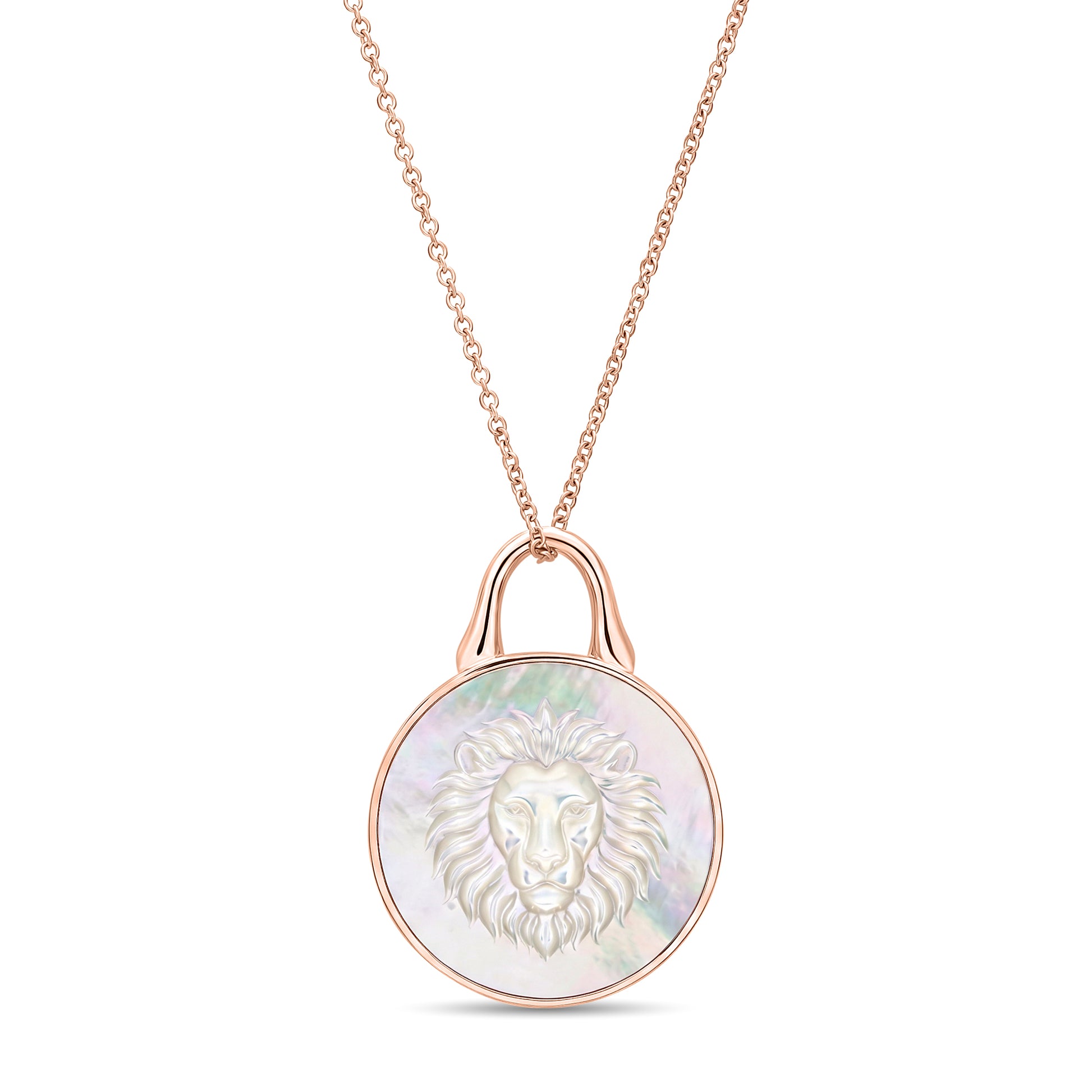 The Odyssey | Roseate Courage lion pendant in 14k rose gold with mother-of-pearl, 19mm