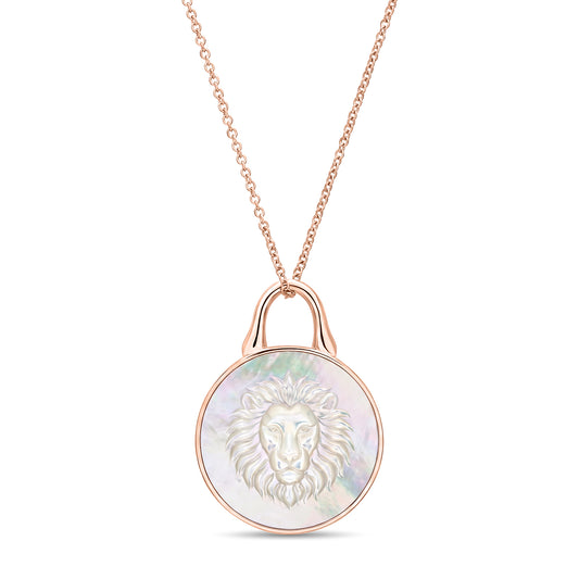 The Odyssey | Roseate Courage lion pendant in 14k rose gold with mother-of-pearl, 19mm