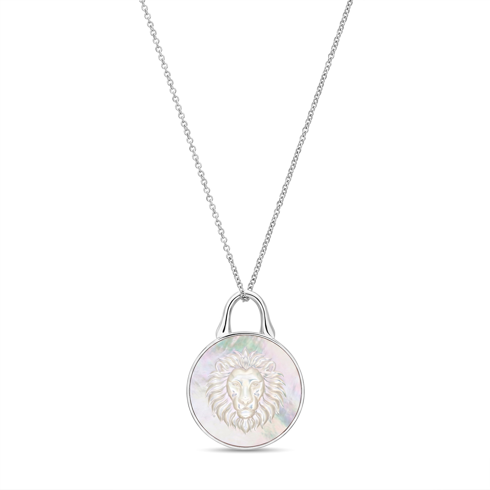 The Odyssey | Roseate Courage lion pendant in sterling silver with mother-of-pearl, 12mm