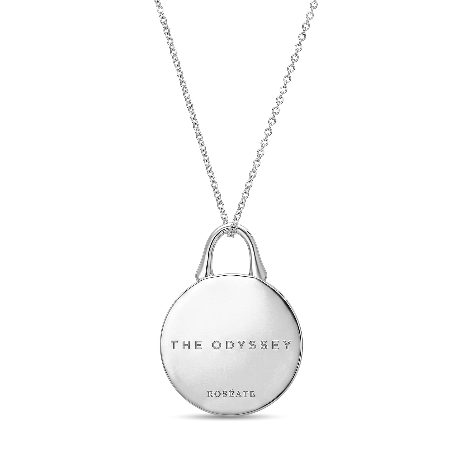 The Odyssey | Roseate Courage lion pendant in sterling silver with mother-of-pearl, 19mm, back view showing engraving