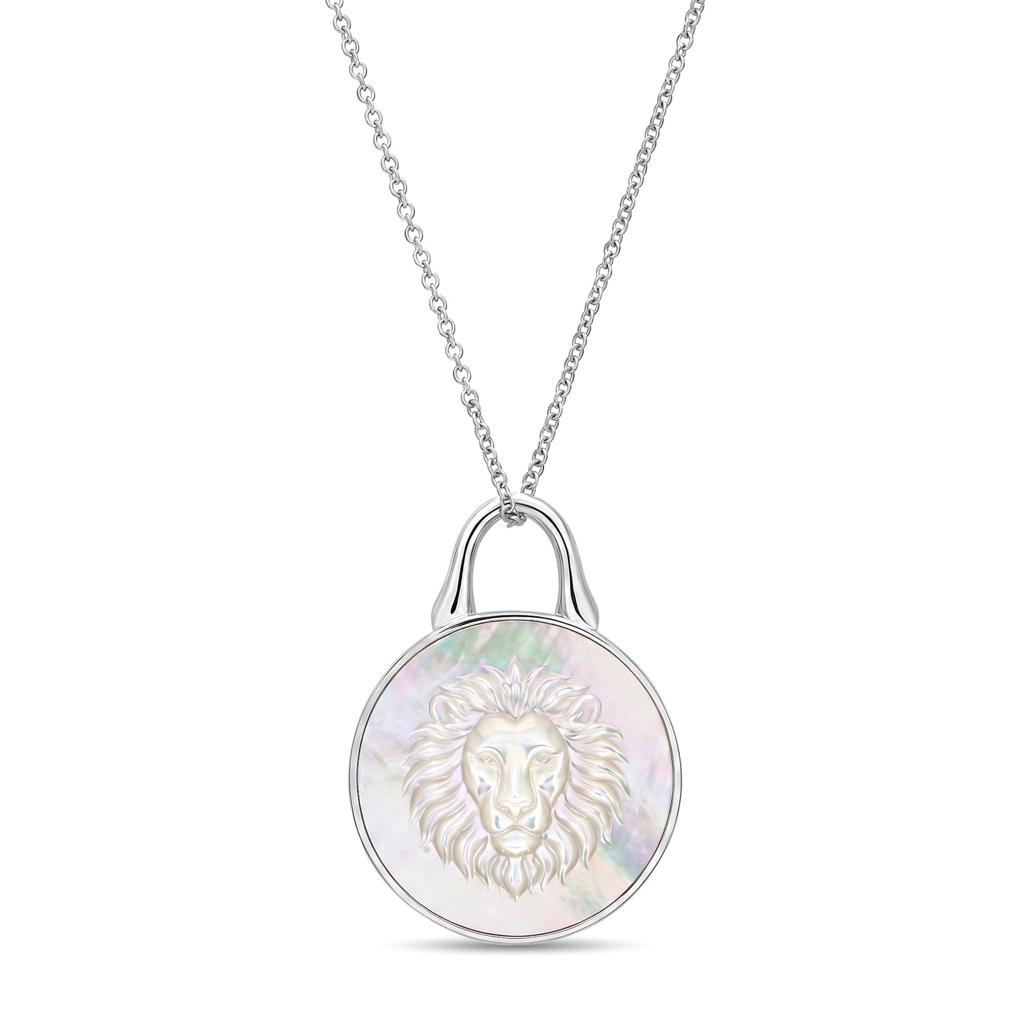 The Odyssey | Roseate Courage lion pendant in sterling silver with mother-of-pearl, 19mm