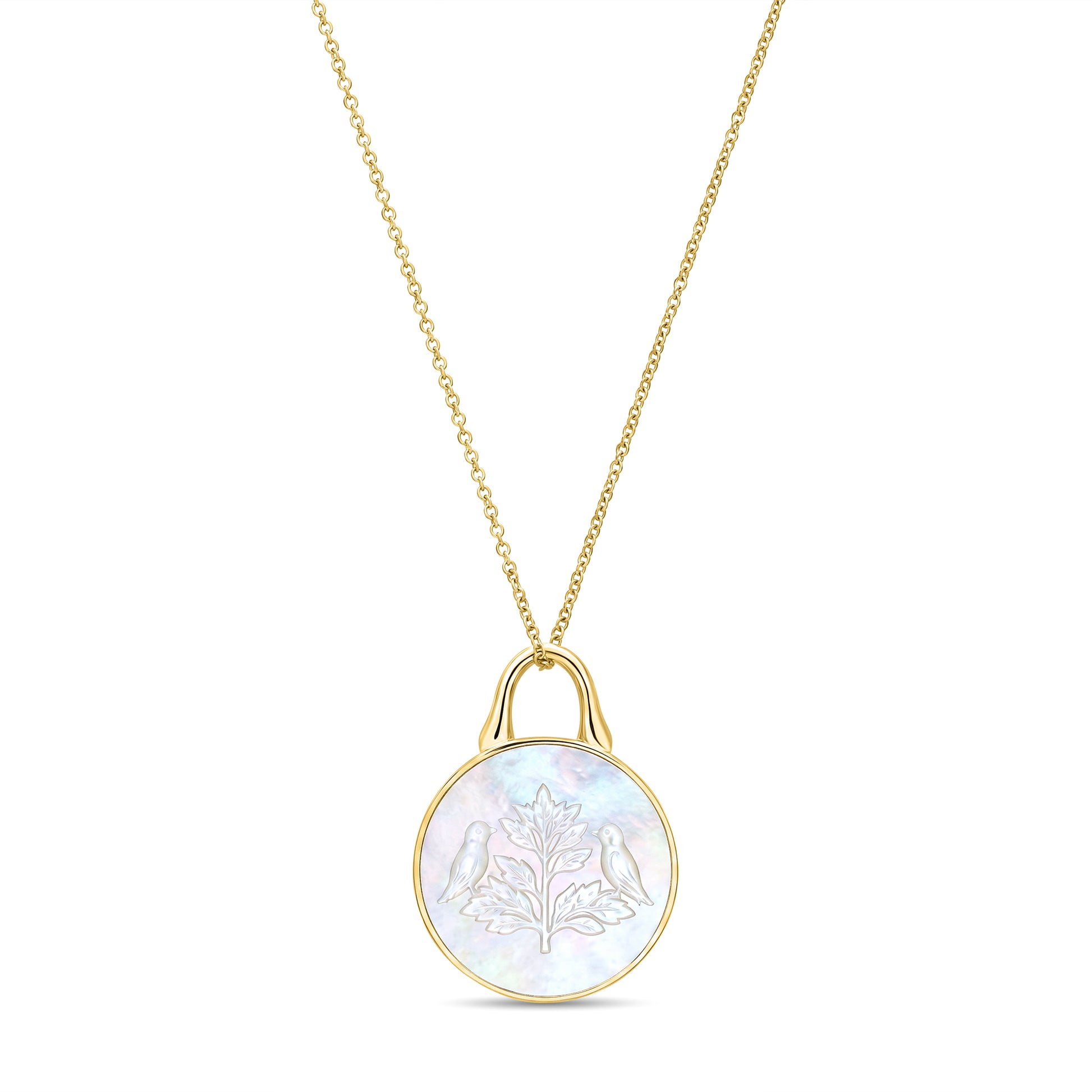 The Odyssey | Roseate Courage tree of life pendant in 14k yellow gold with mother-of-pearl, 12mm