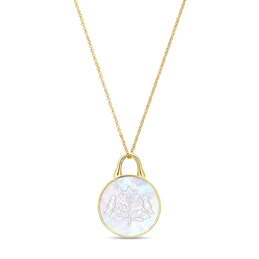 The Odyssey | Roseate Courage tree of life pendant in 14k yellow gold with mother-of-pearl, 12mm