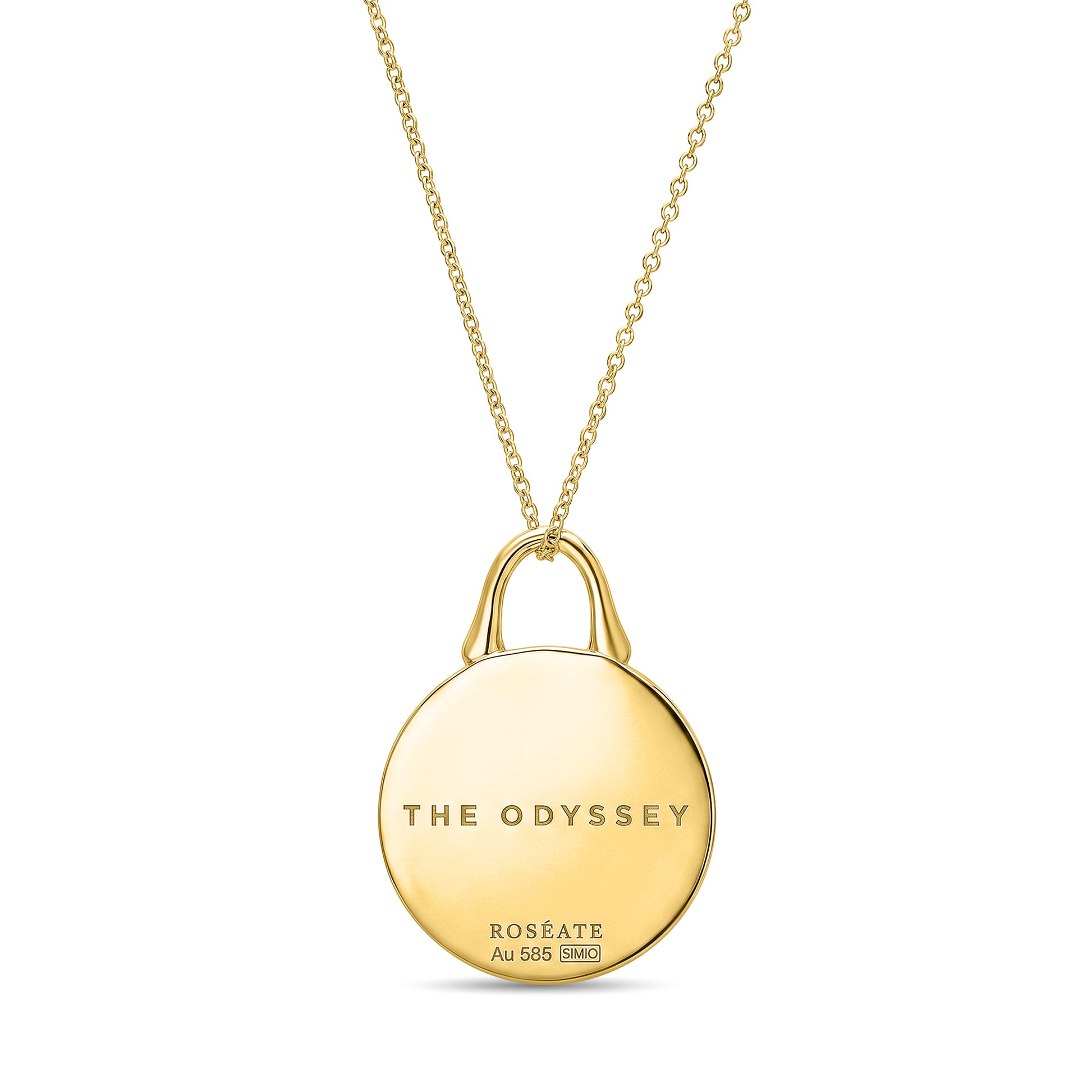 The Odyssey | Roseate Courage tree of life pendant in 14k yellow gold with mother-of-pearl, 19mm, back view showing engraving
