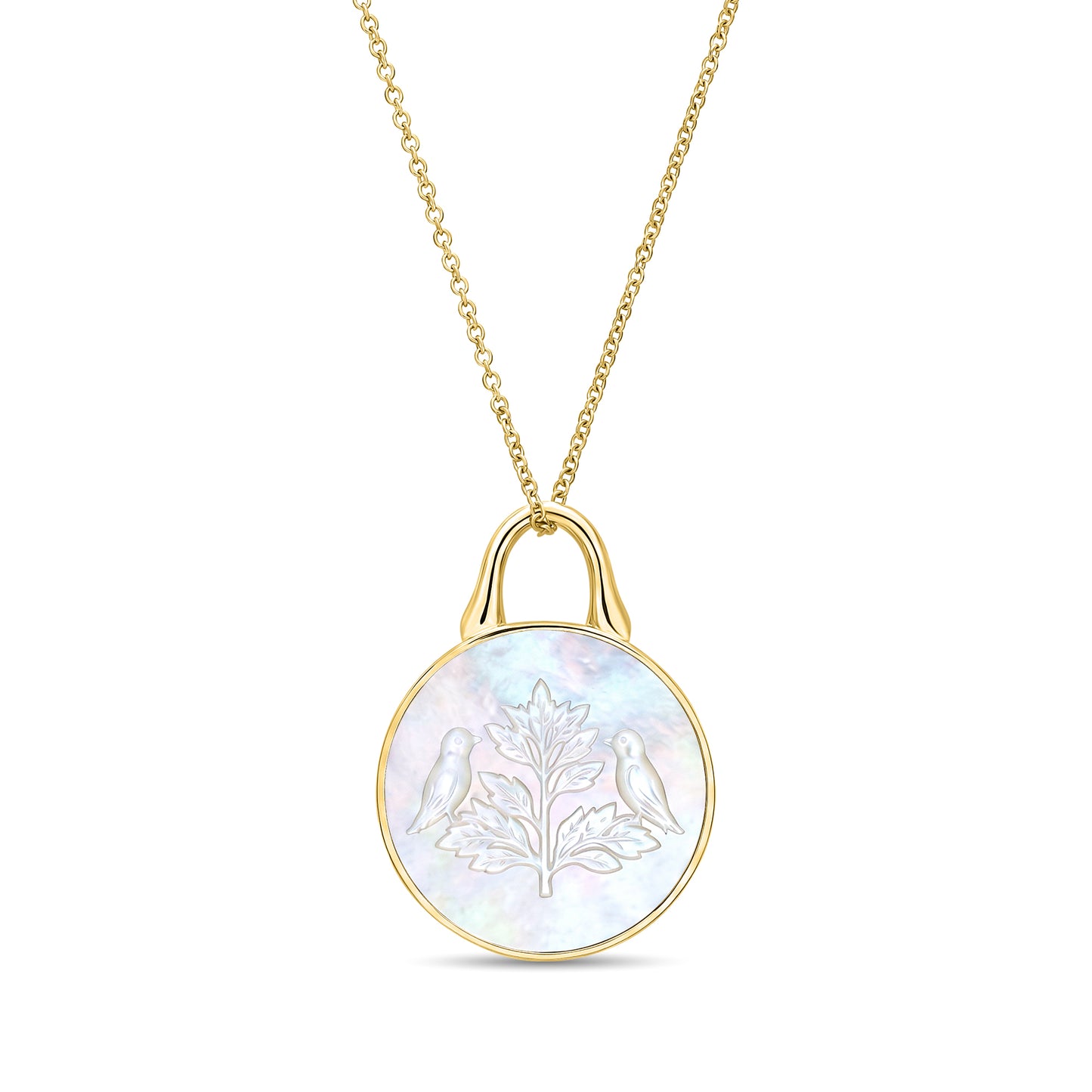 The Odyssey | Roseate Courage tree of life pendant in 14k yellow gold with mother-of-pearl, 19mm
