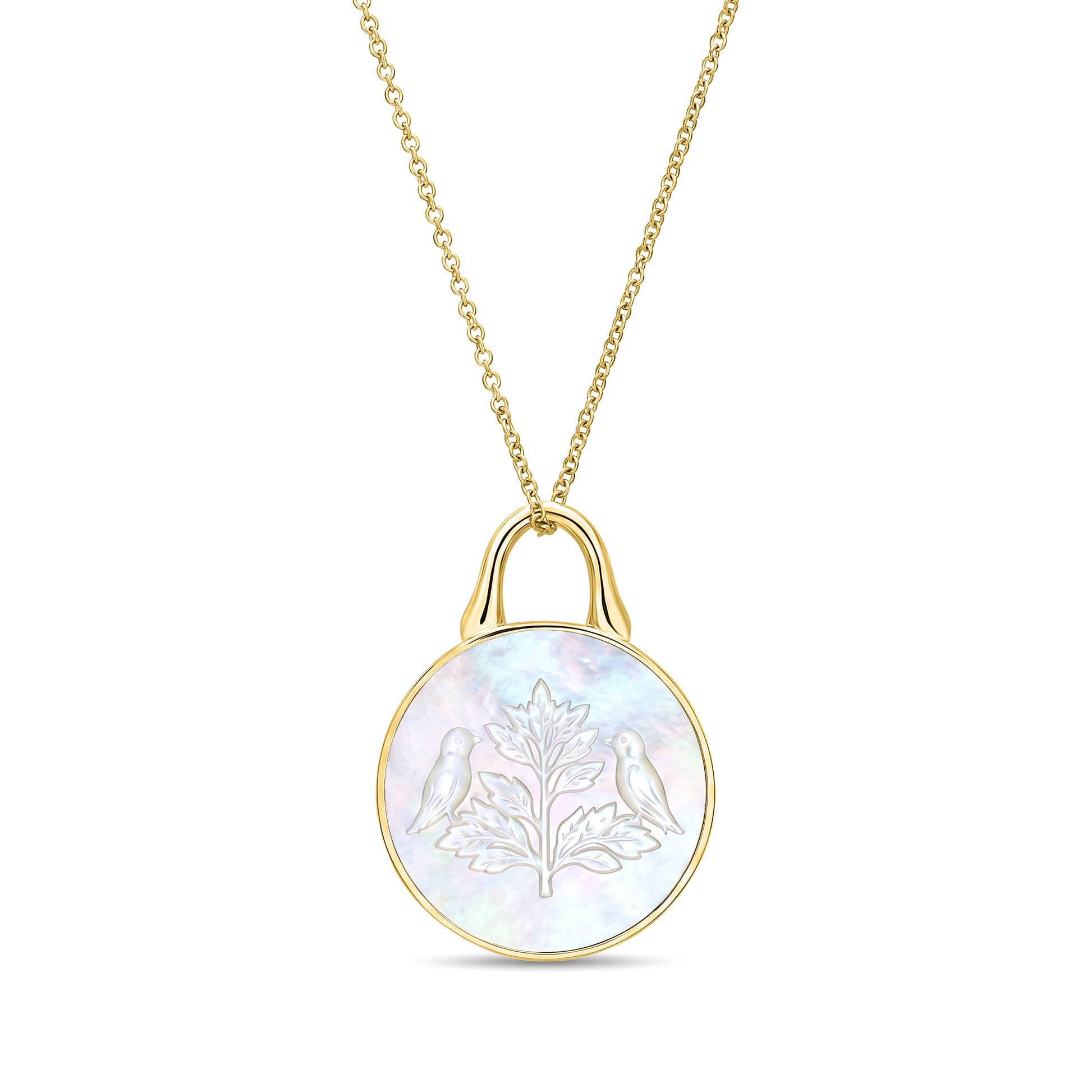The Odyssey | Roseate Courage tree of life pendant in 14k yellow gold with mother-of-pearl, 19mm
