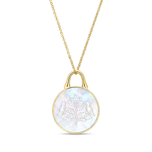 The Odyssey | Roseate Courage tree of life pendant in 14k yellow gold with mother-of-pearl, 19mm
