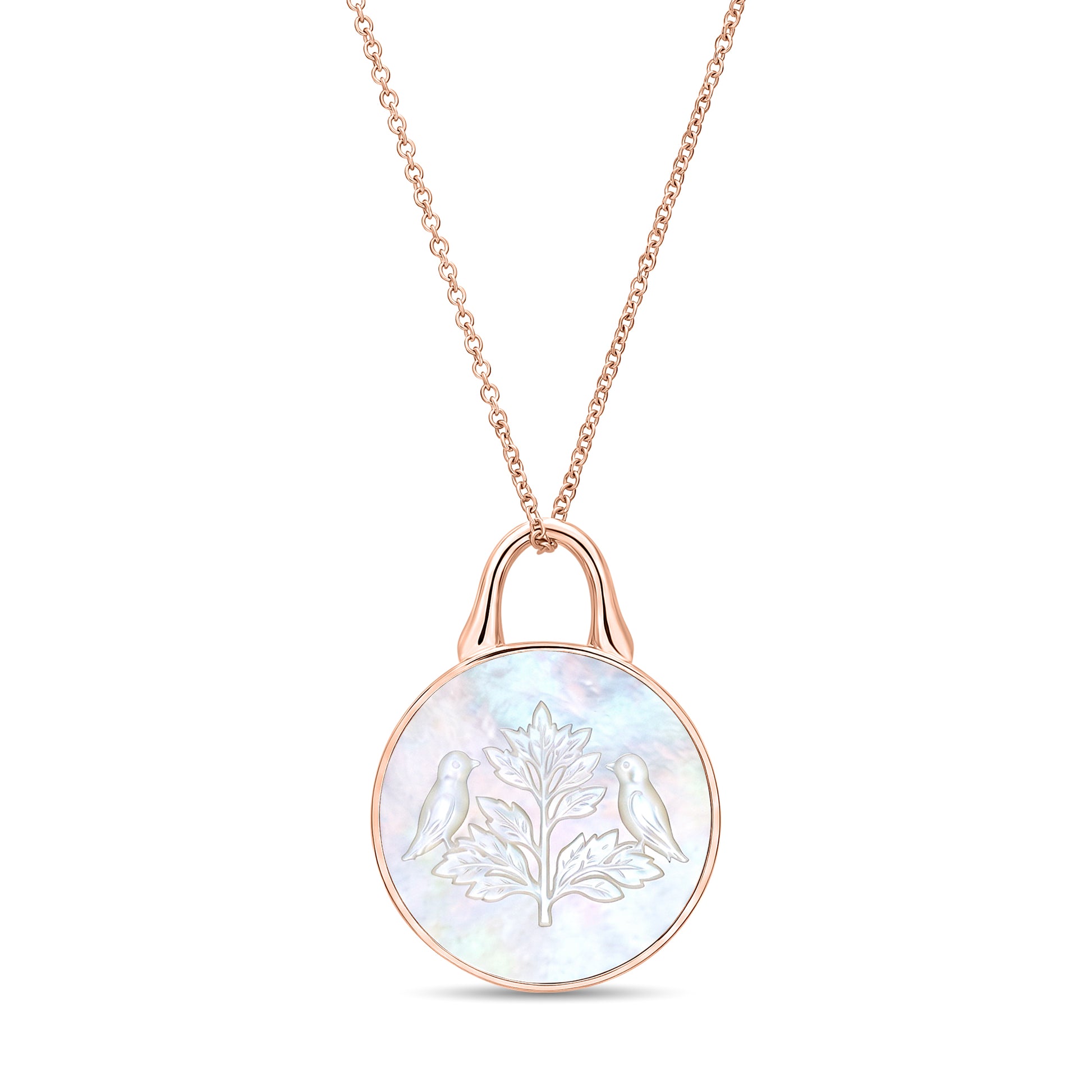 The Odyssey | Roseate Courage tree of life pendant in 14k rose gold with mother-of-pearl, 19mm