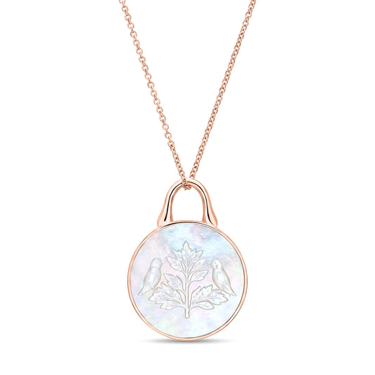 The Odyssey | Roseate Courage tree of life pendant in 14k rose gold with mother-of-pearl, 19mm