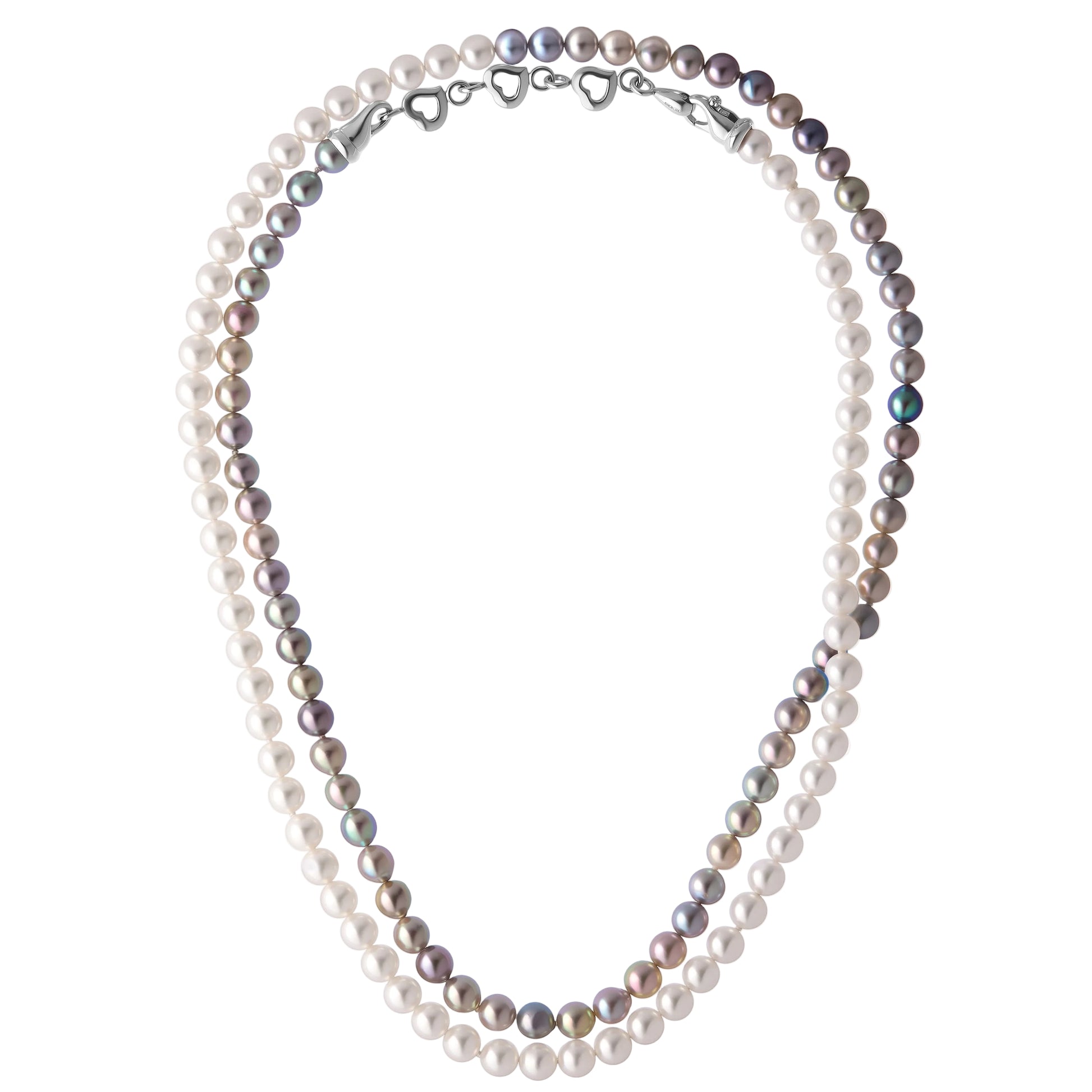 The Odyssey | Roseate Moons 6mm white and blue Akoya pearl opera necklace shown doubled, with a 925 sterling silver triple heart clasp.