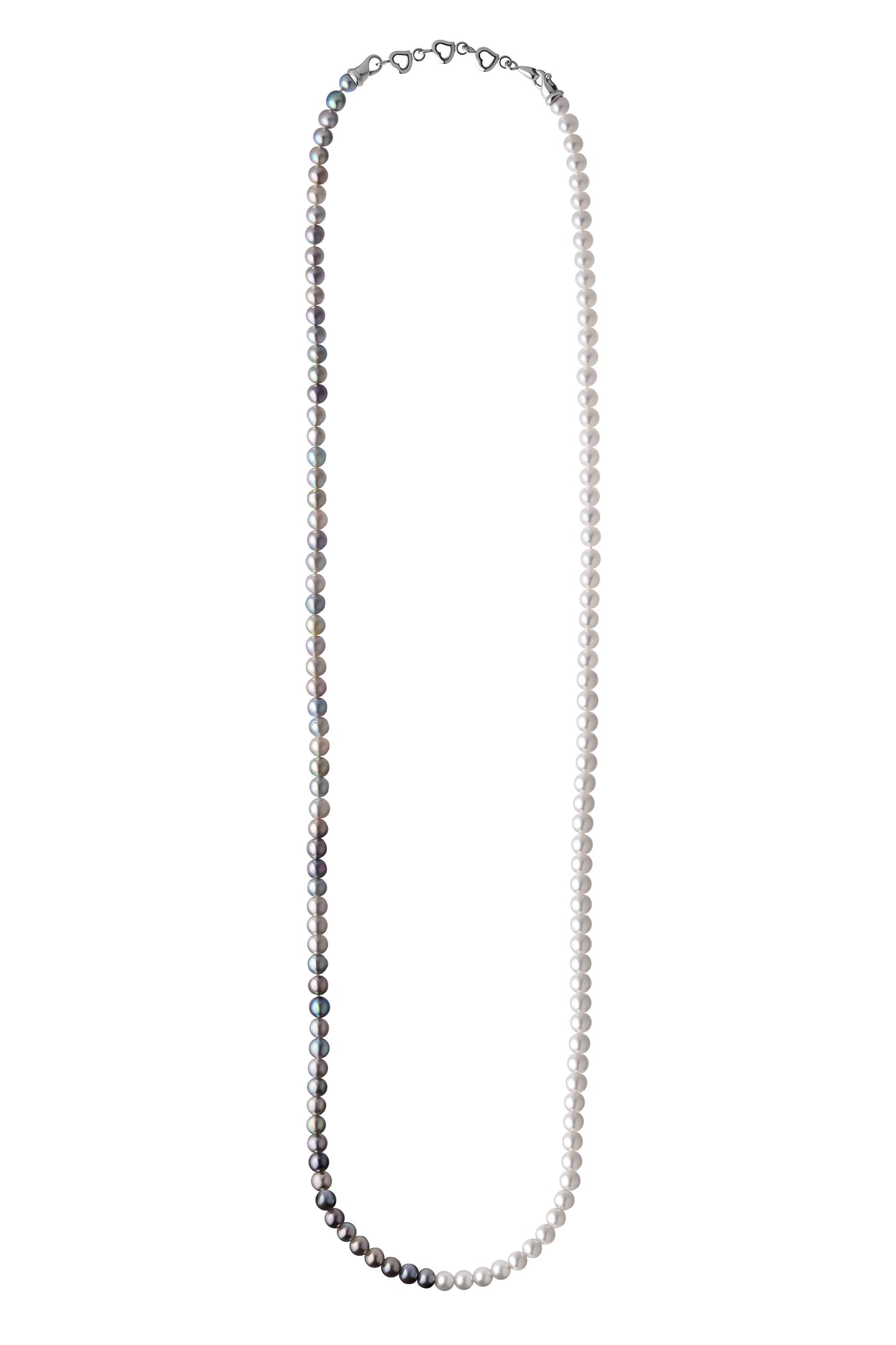 The Odyssey | Roseate Moons 6mm white and blue Akoya pearl opera necklace shown, with a 925 sterling silver triple heart clasp.