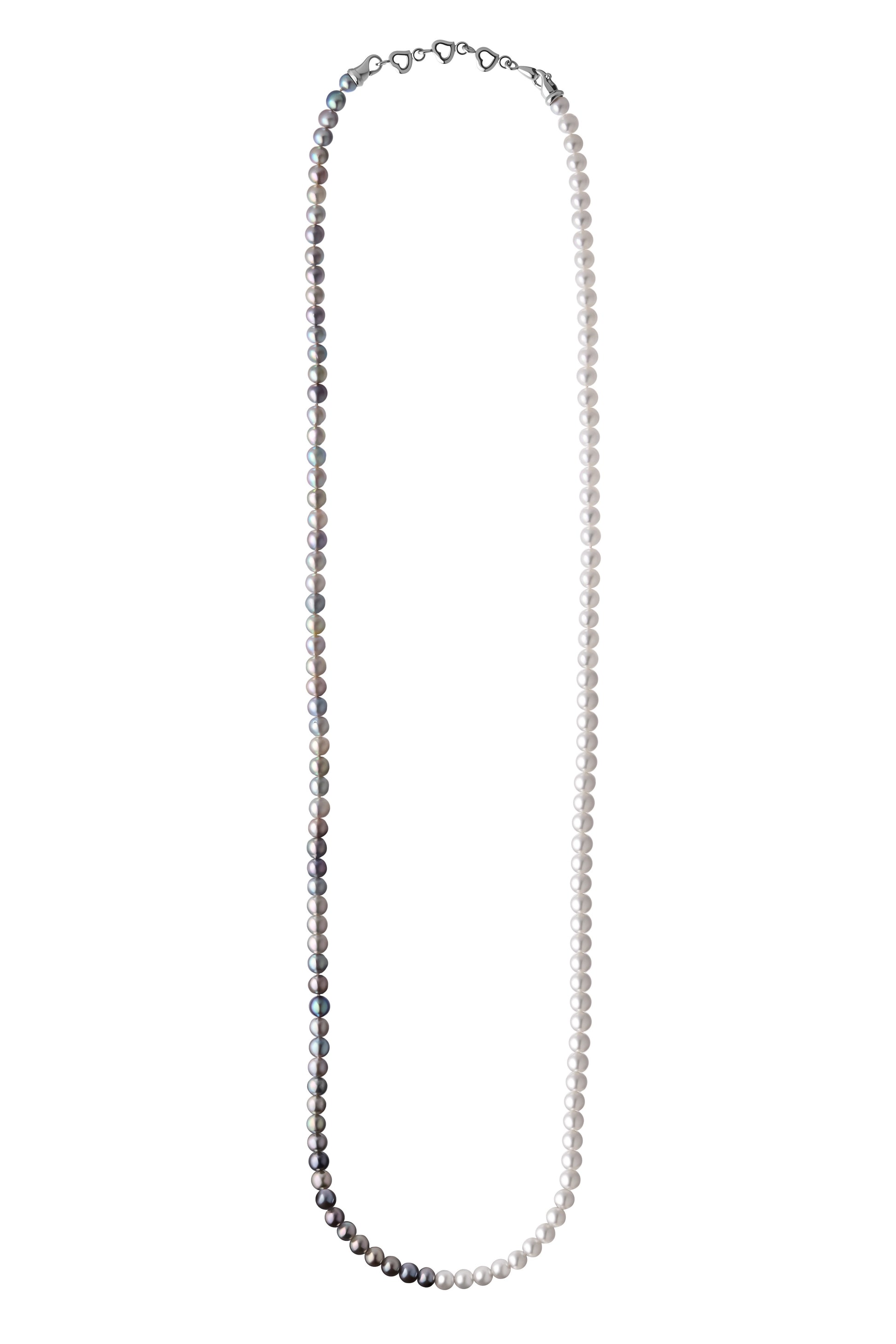 The Odyssey | Roseate Moons 6mm white and blue Akoya pearl opera necklace shown, with a 925 sterling silver triple heart clasp.