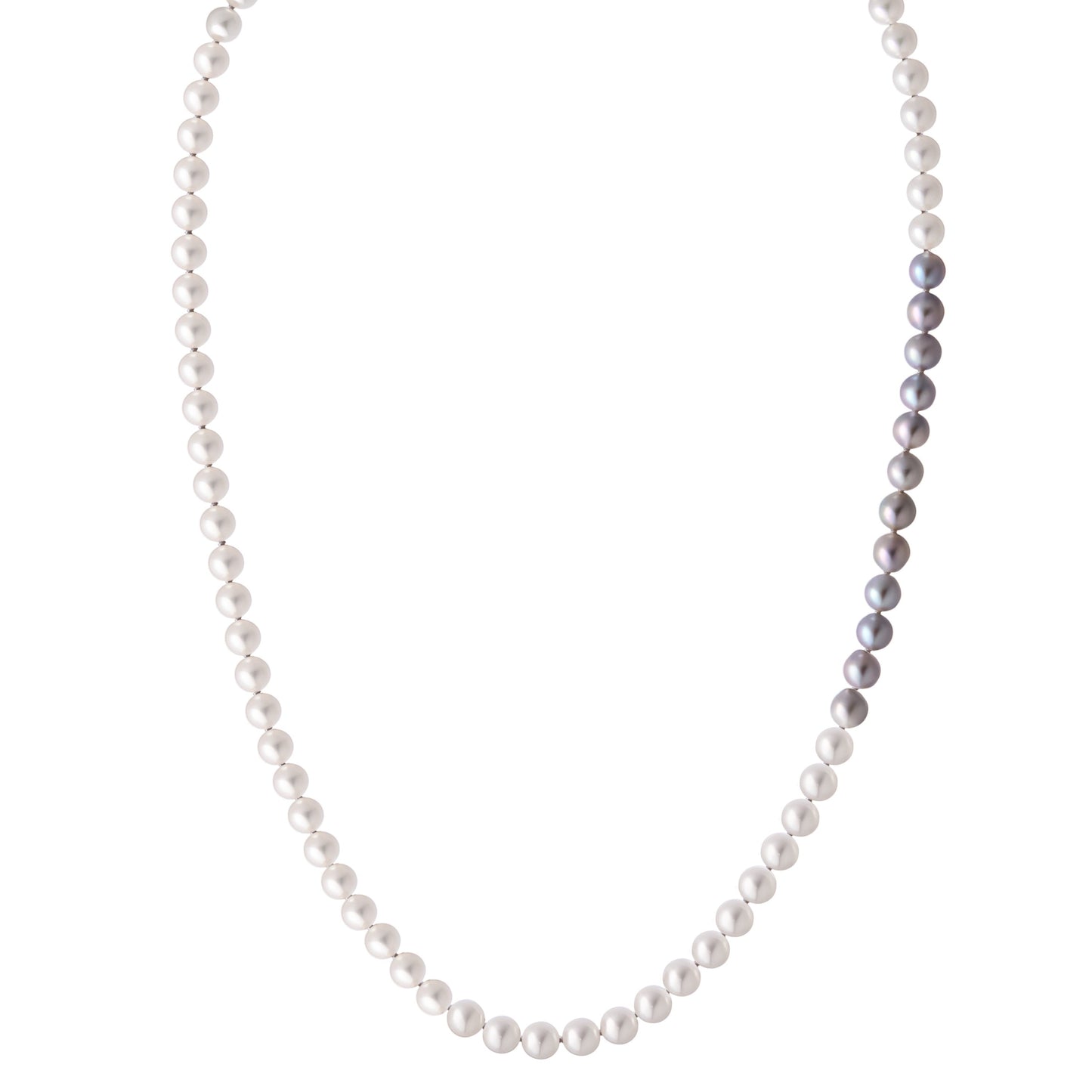 The Odyssey | Roseate Moons 6mm white and blue round Akoya pearl necklace with a 18k white gold swirl clasp.