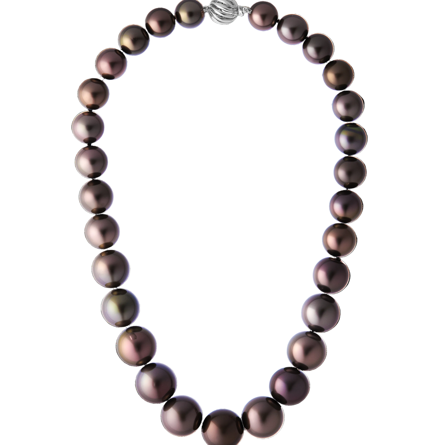 Front view of The Odyssey | Roseate Moons Collection round 11-16mm Tahitian pearl necklace with an 18K white gold swirl clasp.
