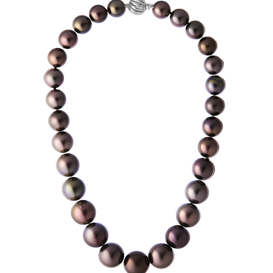 Front view of The Odyssey | Roseate Moons Collection round 11-16mm Tahitian pearl necklace with an 18K white gold swirl clasp.