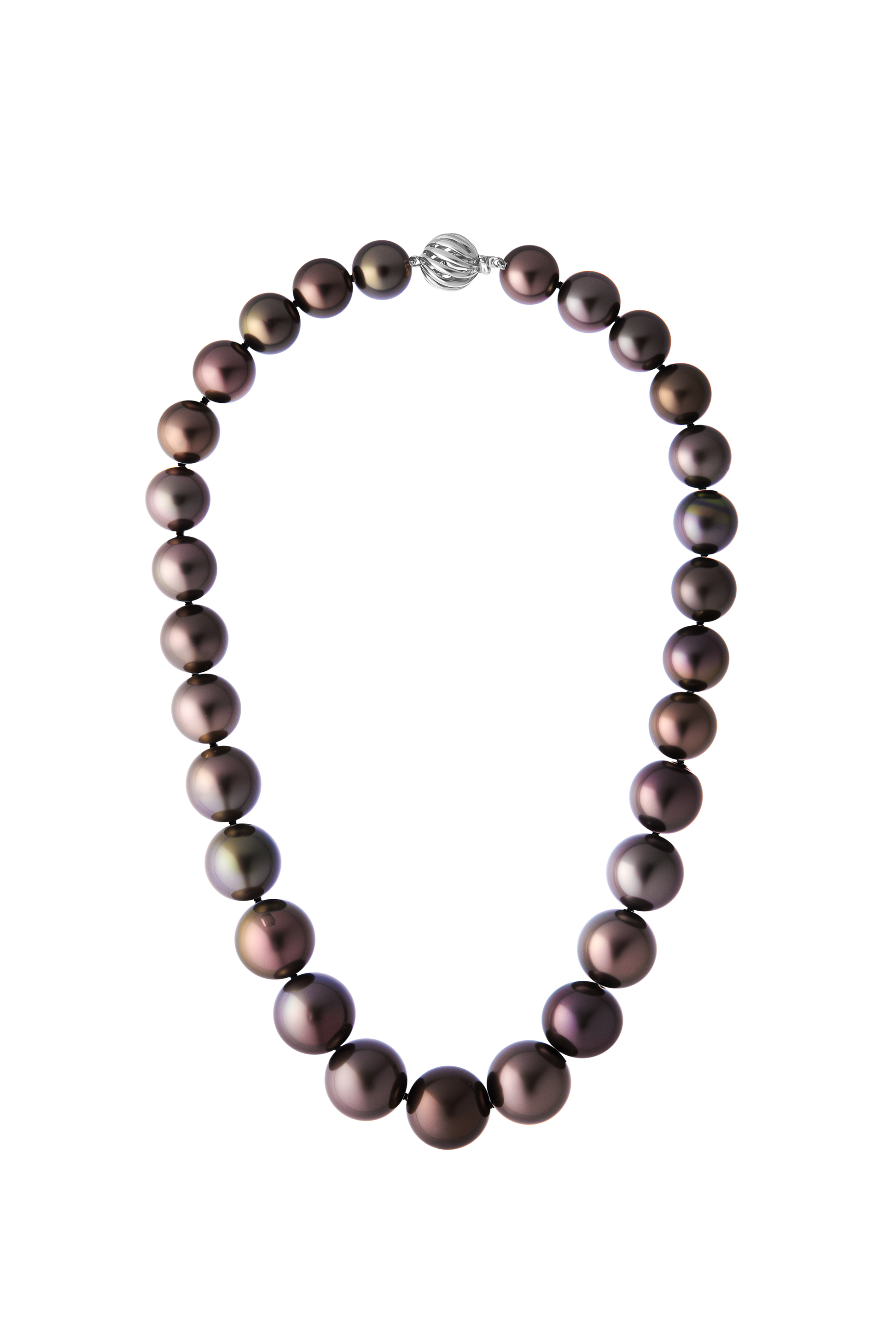 The Odyssey | Roseate Moons Collection round 11-16mm Tahitian pearl necklace with an 18K white gold swirl clasp.