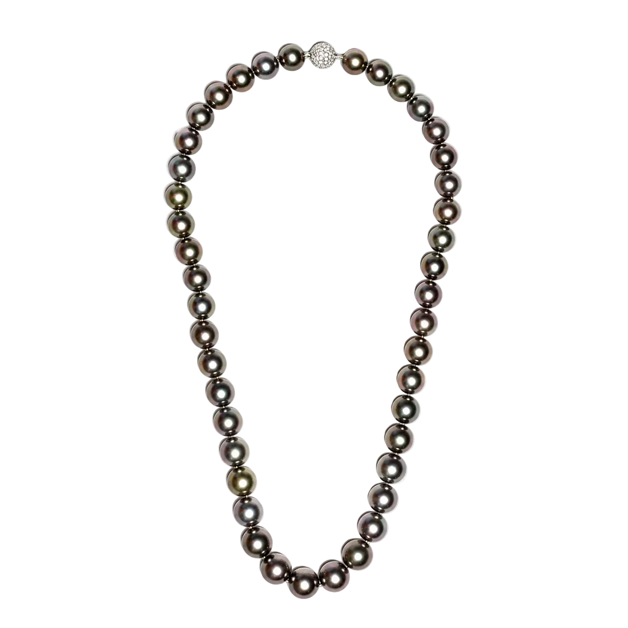 The Odyssey | Roseate Moons 9-11mm round Tahitian pearl necklace with an 18K white gold pavé diamond clasp.