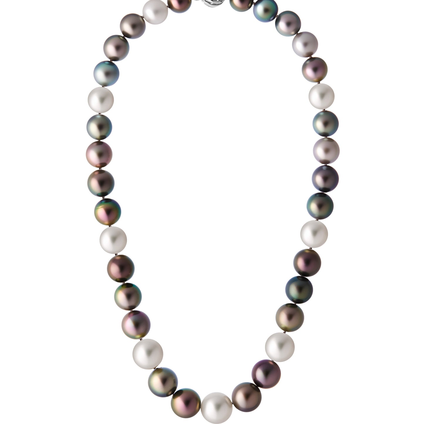 Front view of The Odyssey | Roseate Moons Collection round 10-13mm Tahitian and South Sea pearl necklace with an 18K white gold swirl clasp.