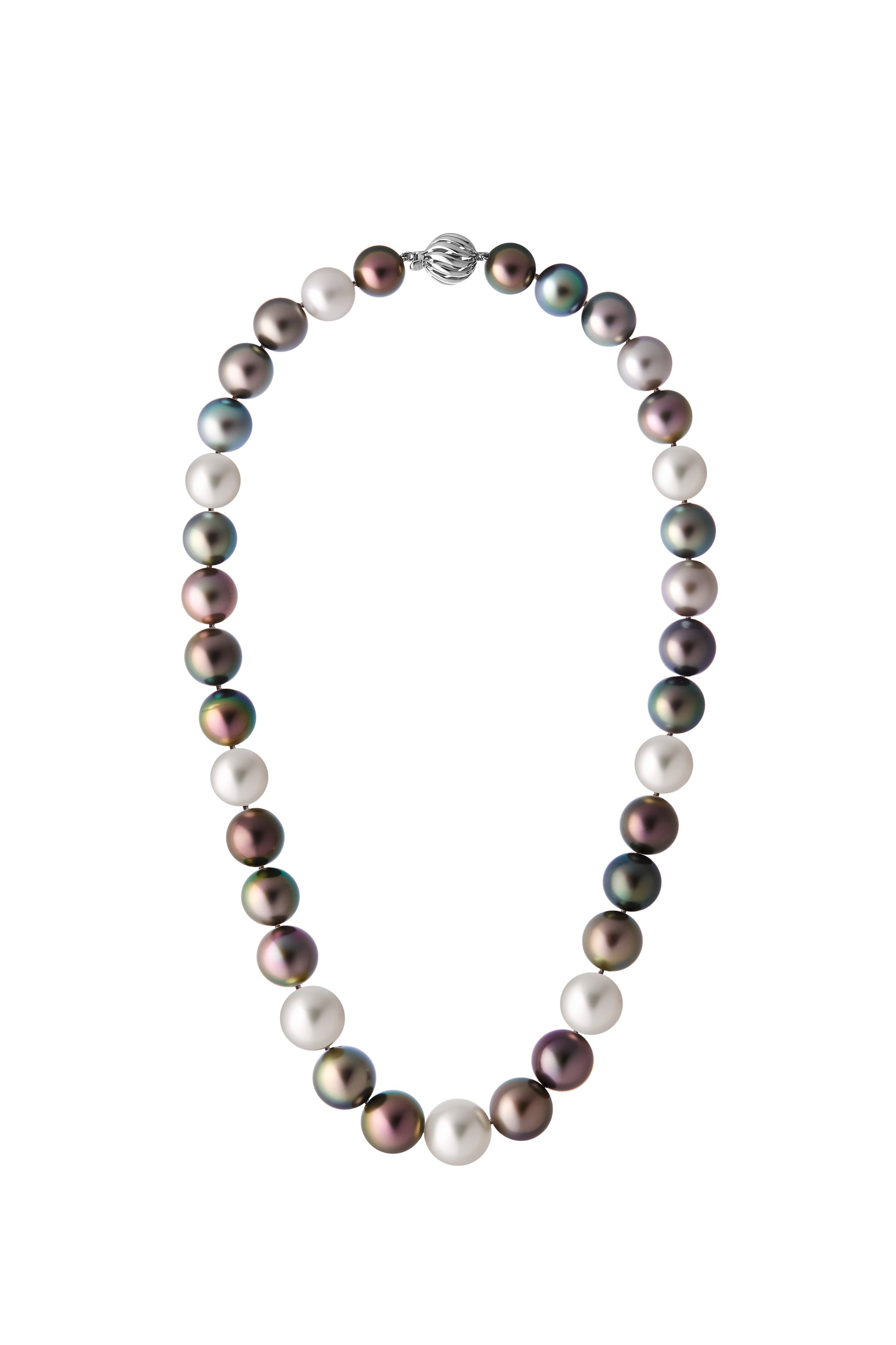 The Odyssey | Roseate Moons Collection round 10-13mm Tahitian and South Sea pearl necklace with an 18K white gold swirl clasp.