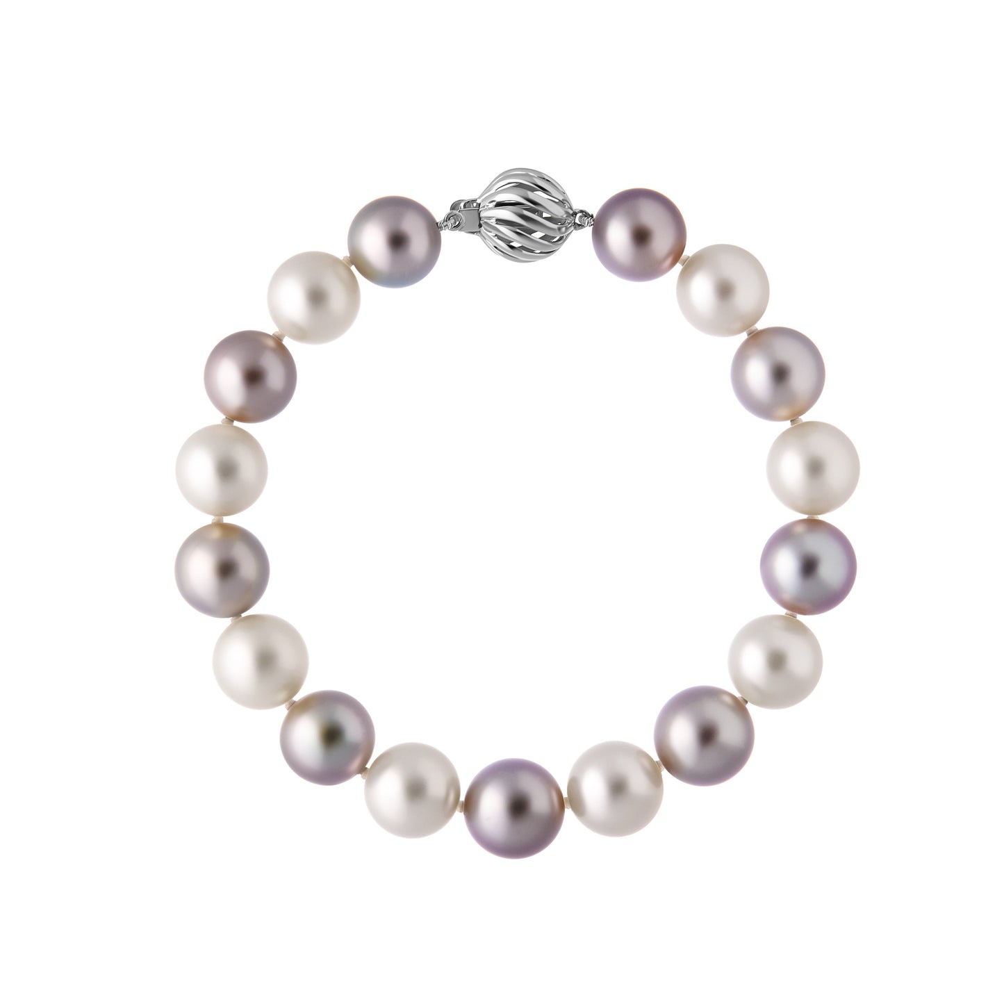 The Odyssey | Roseate Moons 10-11mm alternating Tahitian and Akoya pearl bracelet with 18k white gold swirl clasp.