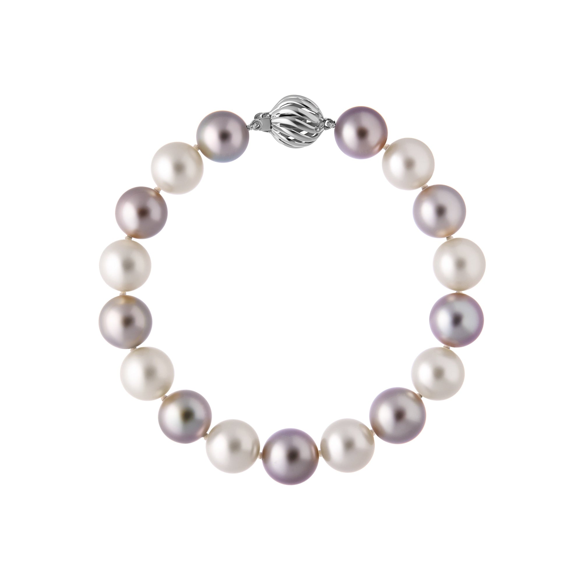 The Odyssey | Roseate Moons 10-11mm alternating Tahitian and Akoya pearl bracelet with 18k white gold swirl clasp.