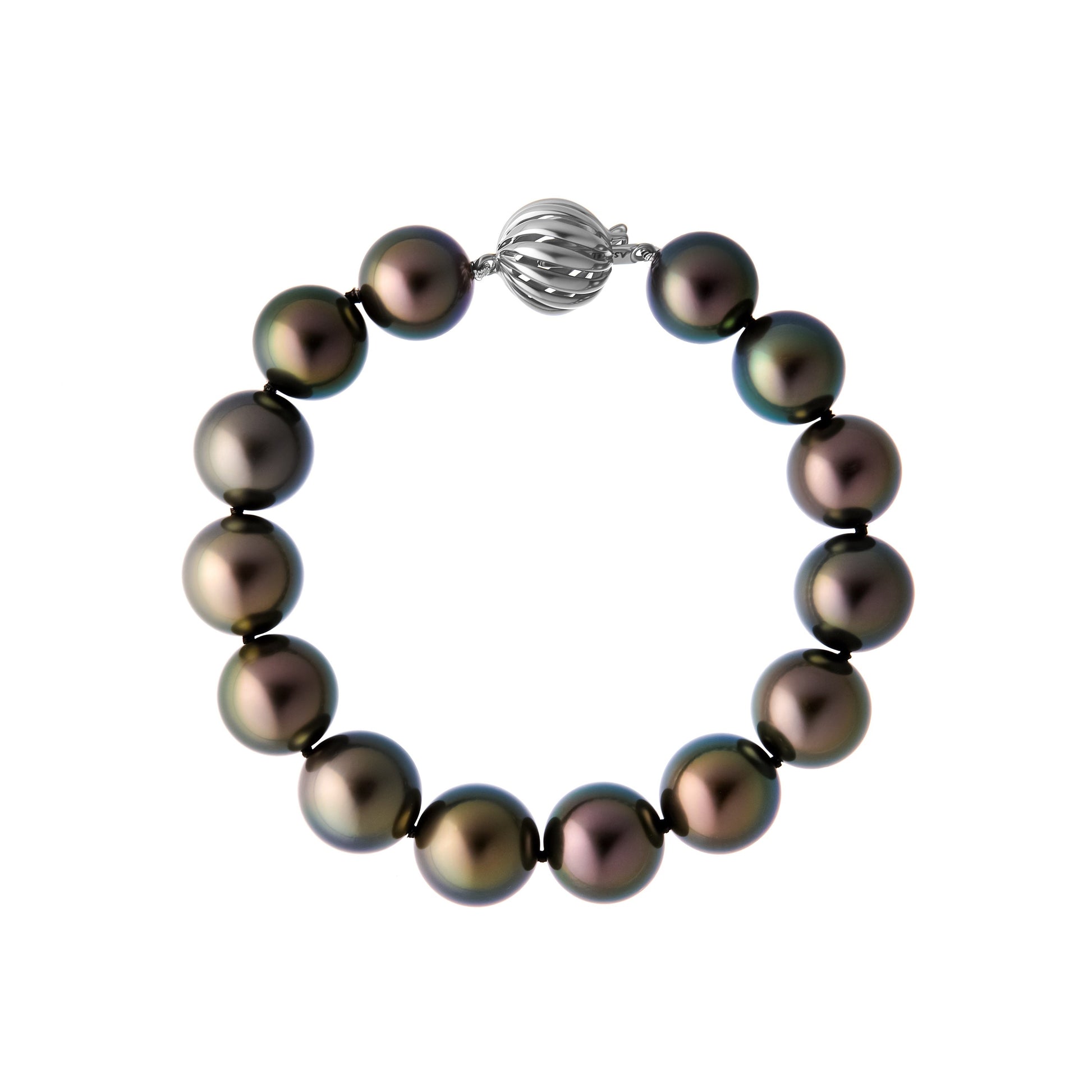 The Odyssey | Roseate Moons 12mm round Tahitian pearl bracelet with an 18k white gold swirl clasp.