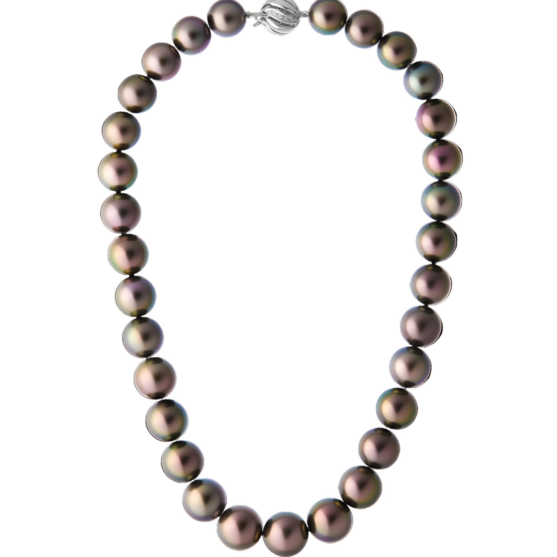 The Odyssey | Roseate Moons 12-14mm round Tahitian pearl necklace with an 18k white gold and diamond swirl clasp.