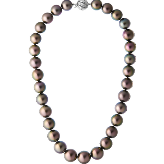The Odyssey | Roseate Moons 12-14mm round Tahitian pearl necklace with an 18k white gold and diamond swirl clasp.