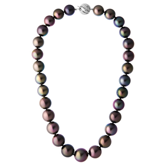 The Odyssey | Roseate Moons 12-15mm round Tahitian pearl necklace with an 18k white gold and diamond swirl clasp.