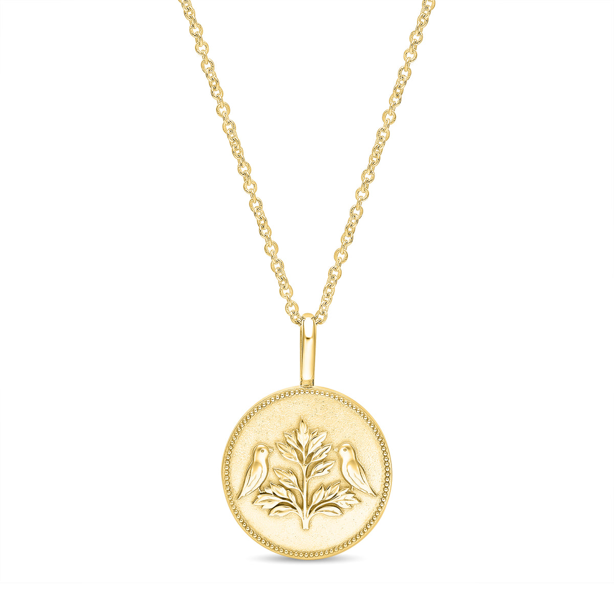 The Odyssey Tree of Life 19mm pendant in 14K yellow gold featuring two birds and a detailed tree motif