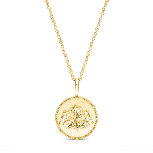 The Odyssey Tree of Life 19mm pendant in 14K yellow gold featuring two birds and a detailed tree motif