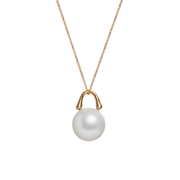 Roseate TreasureLock pendant featuring an 11mm white South Sea cultured pearl set in 18K yellow gold. A modern heirloom designed to showcase the exceptional beauty of a single South Sea pearl.