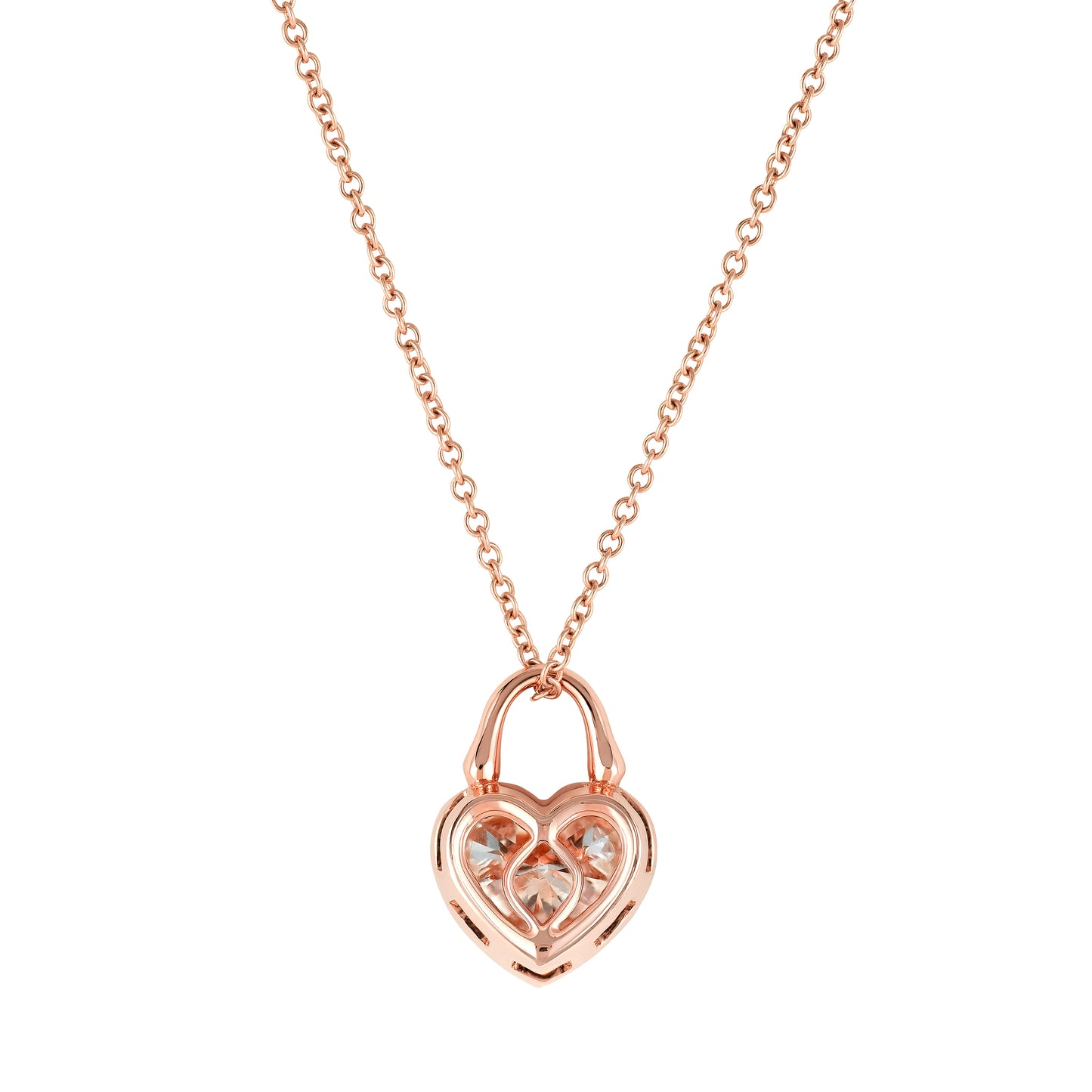 Close detail of Roseate TreasureLock 1.00 carat heart-shaped lab-grown diamond pendant in 18k rose gold